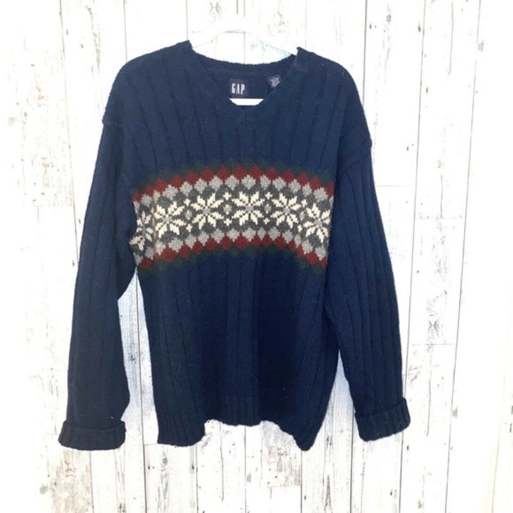 Vintage Men's L Large 100% Wool Gap clothing Blue snowflake Sweater Knit